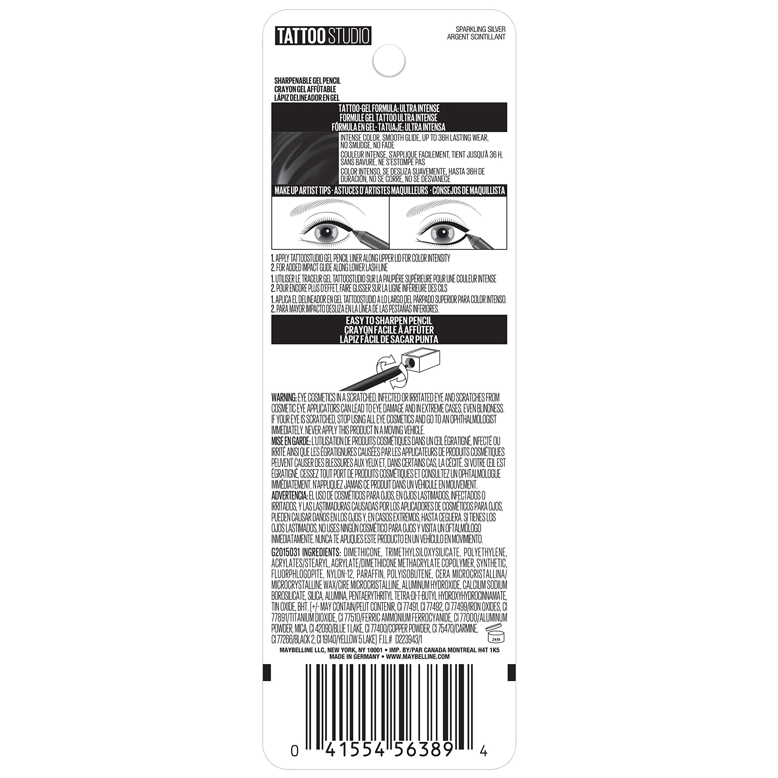 Maybelline TattooStudio Sharpenable Gel Pencil Waterproof Longwear Eyeliner, Deep Onyx, 0.04 oz.